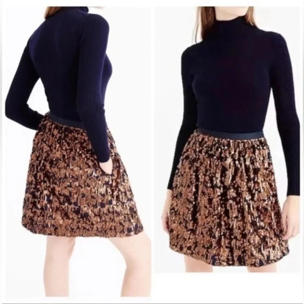 J. Crew Navy Blue Bronze Copper Formal Sequin A-Line Party Mini Skirt Size 0 NWT